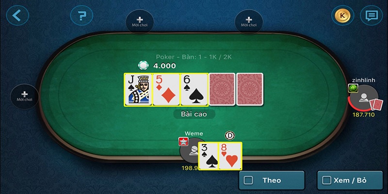 Chơi Poker online vòng 2 thì Dealer sẽ chia 3 lá được đặt ngửa